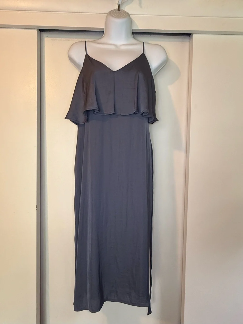 Abercrombie & Fitch Charcoal Blueish Gray Ruffle Maxi Dress - Spaghetti Straps